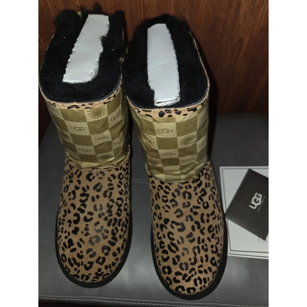 Ugg Australia K Bailey Bow Leopard Print Sheepskin Leather Boots